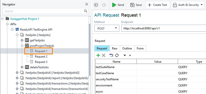 Run ReadyAPI project in TestEngine: Select a request