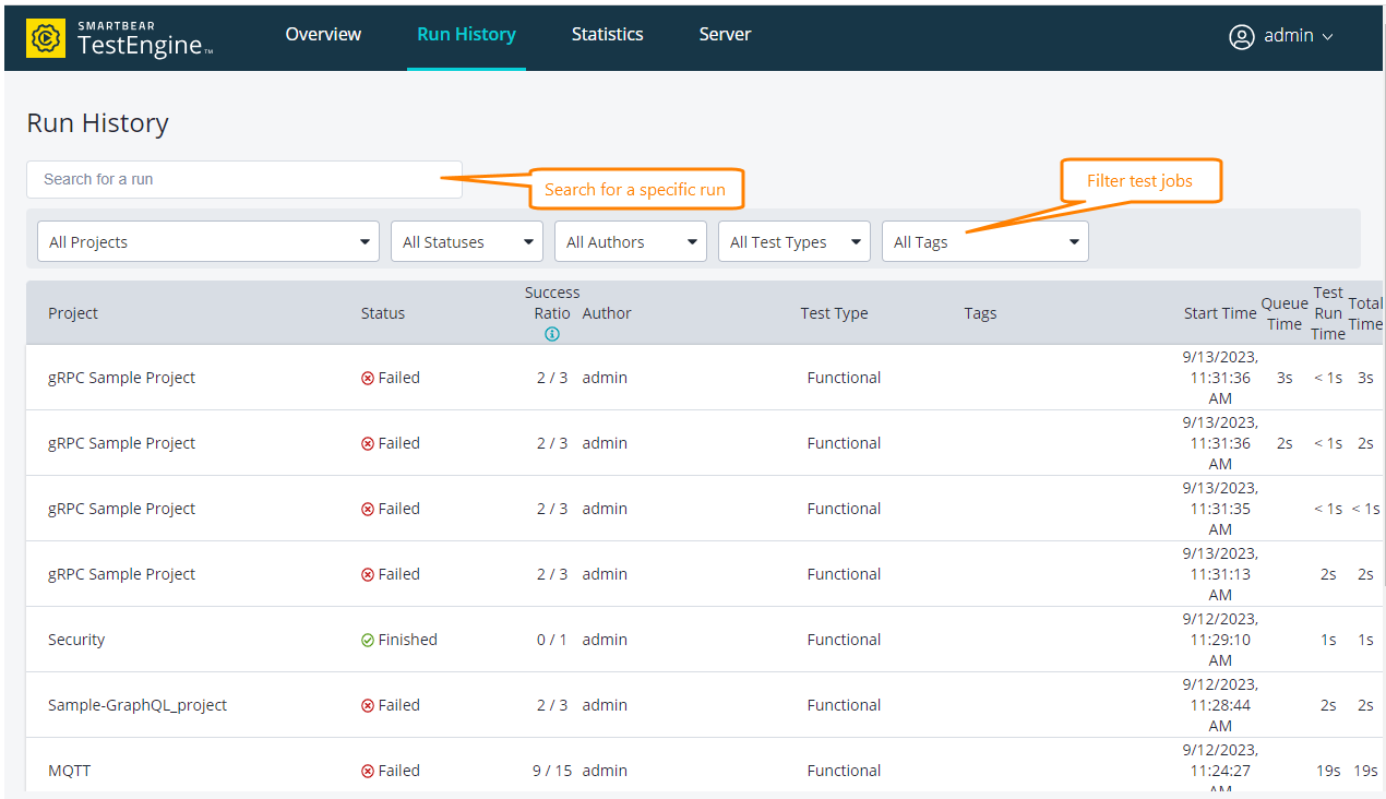 TestEngine tutorial: Run History page