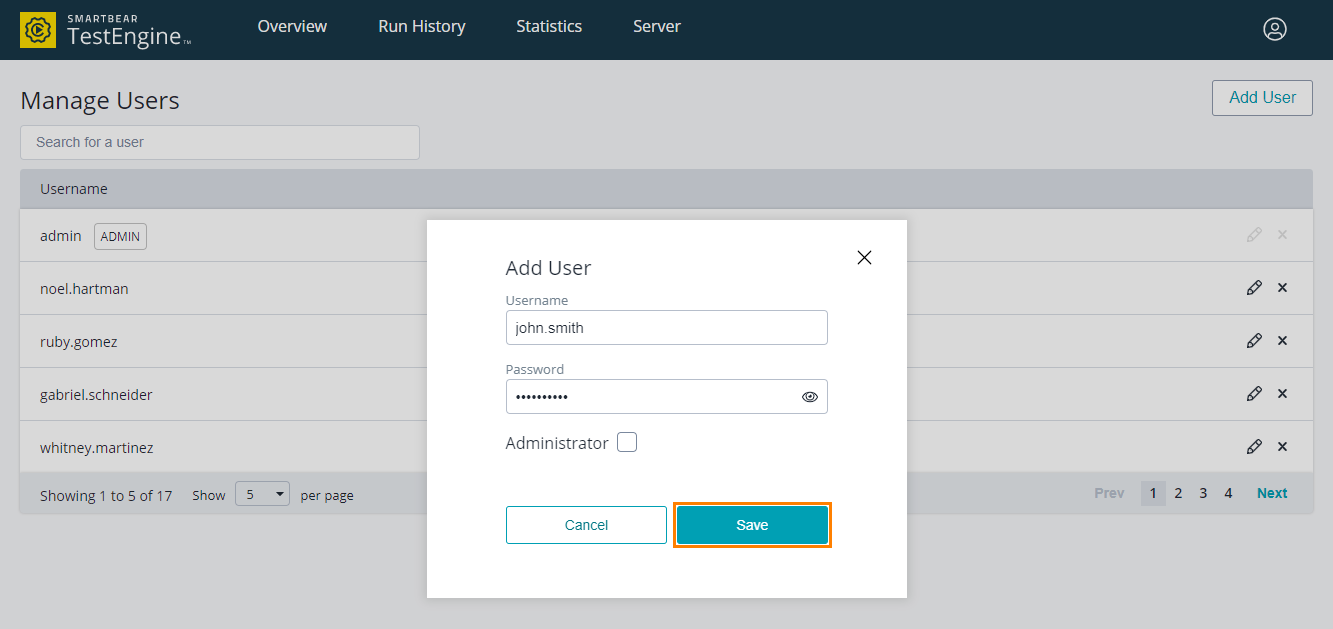 Administrating TestEngine: Saving a user