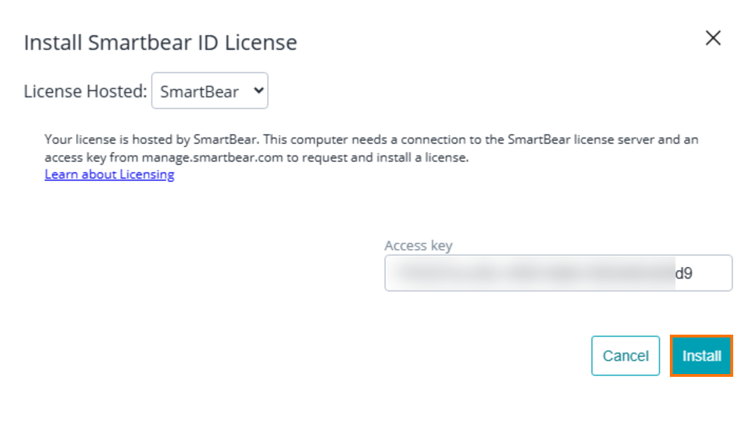 The Install SmartBear ID License dialog in the TestEngine WebUI with the License Hosted: SmartBear option selected, an access key entered, and the Install button highlighted.