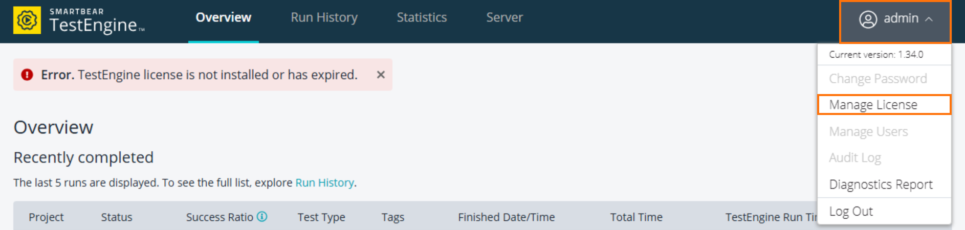 The TestEngine WebUI showing the admin user menu open and the Manage License option highlighted.