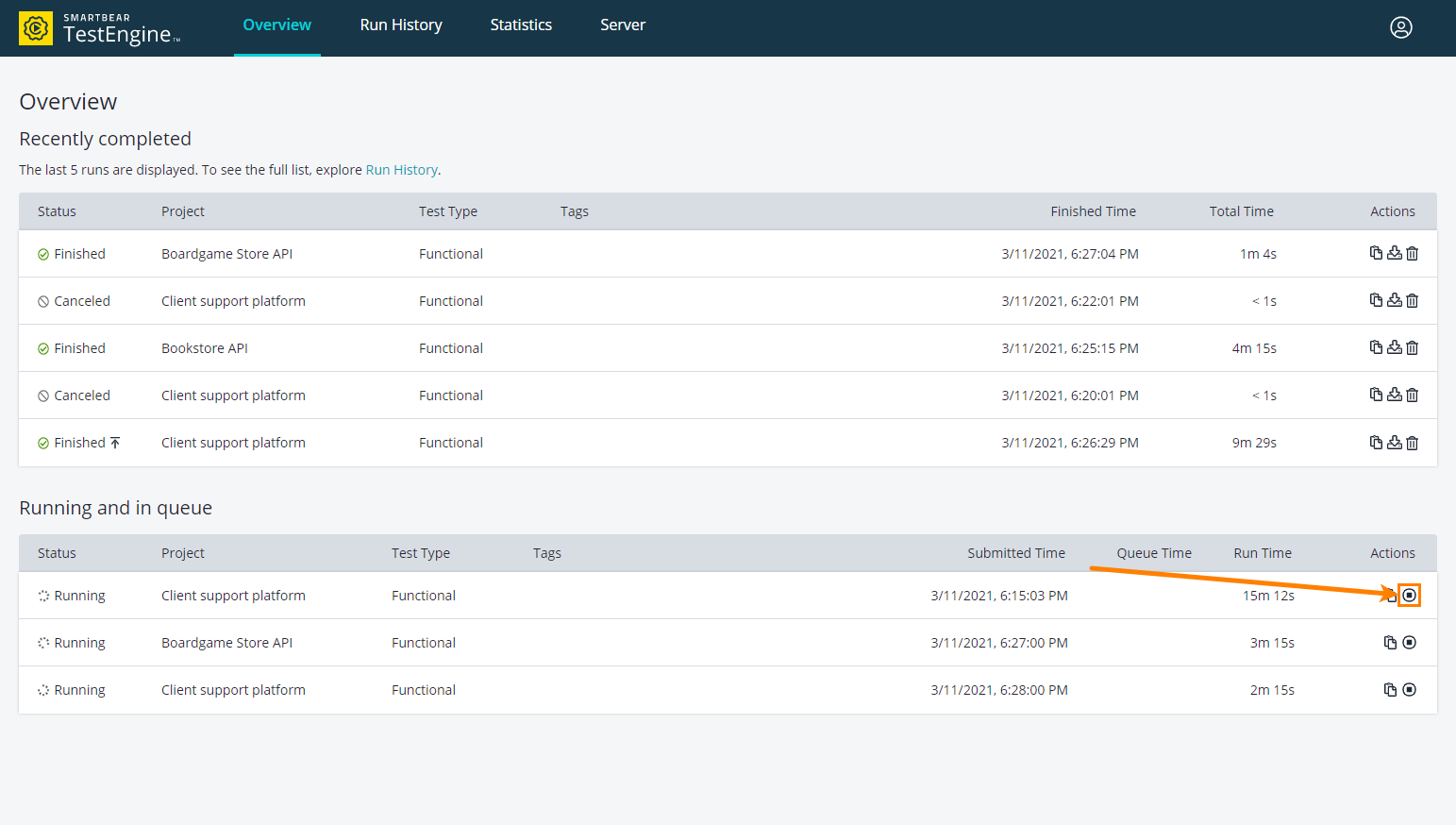 Cancel a test job in the TestEngine web interface Cancel a test job in the TestEngine web interface