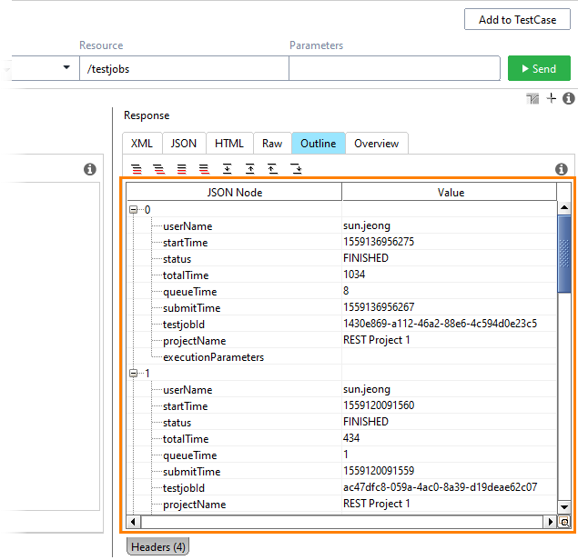 Get test job overview in ReadyAPI: View the response