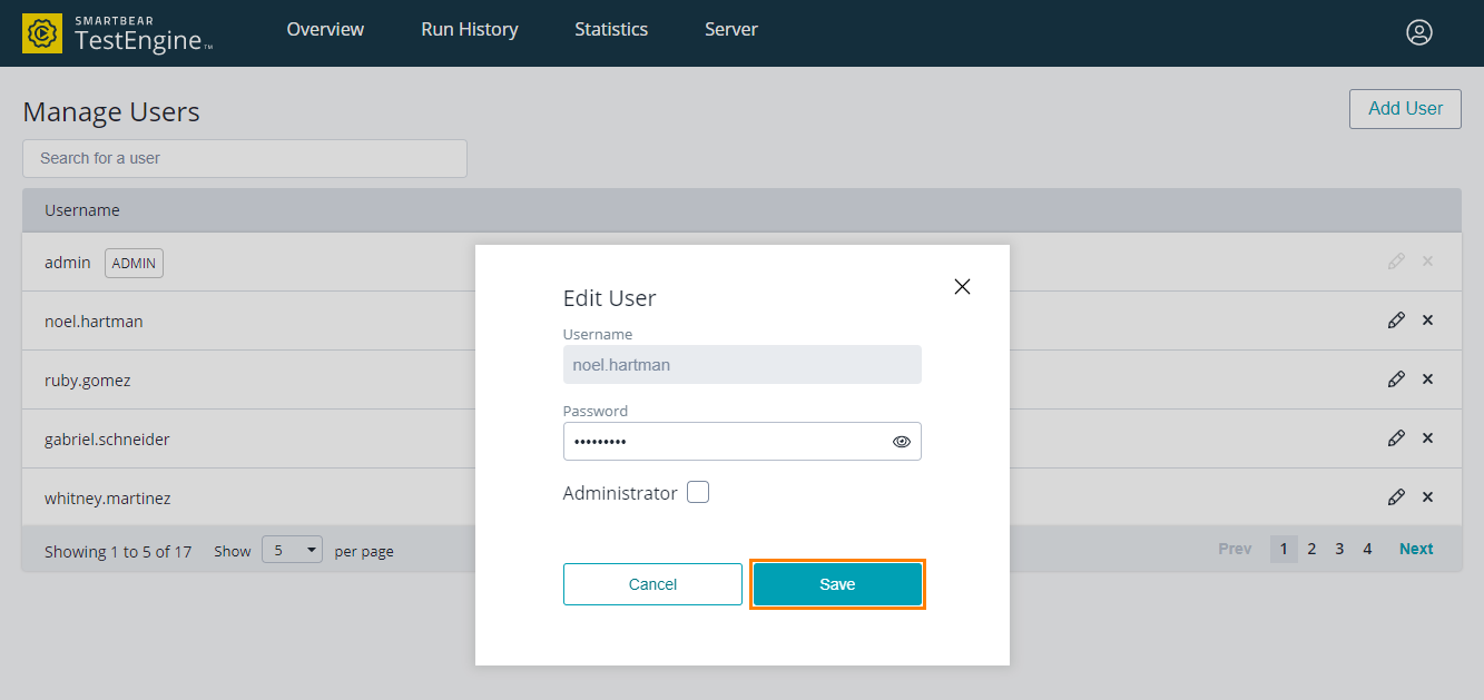 Administrating TestEngine: Saving an edited user