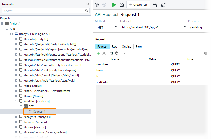 Get Audit Log for a user: Select a request