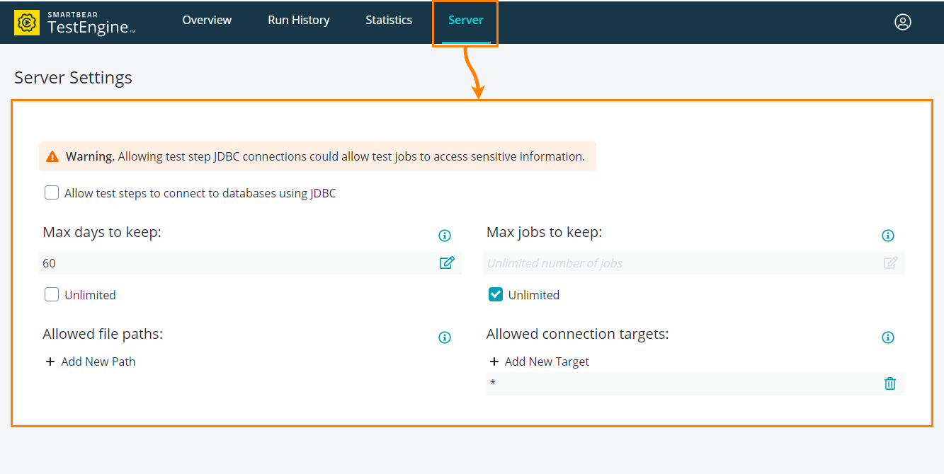 Configuring TestEngine: Open the Settings tab