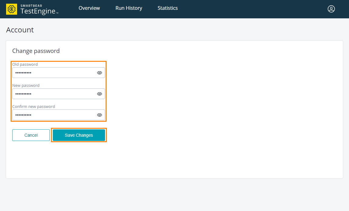 Change user password: Enter the current and new passwords Change user password: Enter the current and new passwords