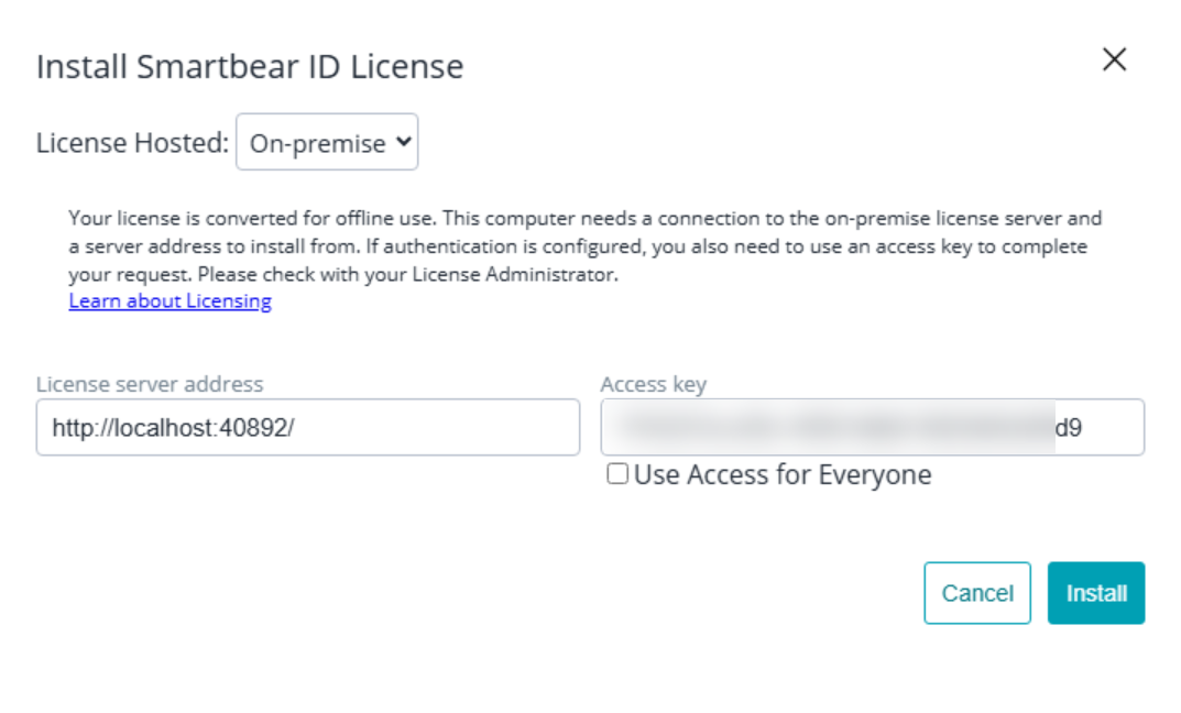 The Install SmartBear ID License dialog in the TestEngine WebUI showing the License Hosted: On-premise option selected, a license server address entered, an access key field filled in, and the Use Access for Everyone option cleared.