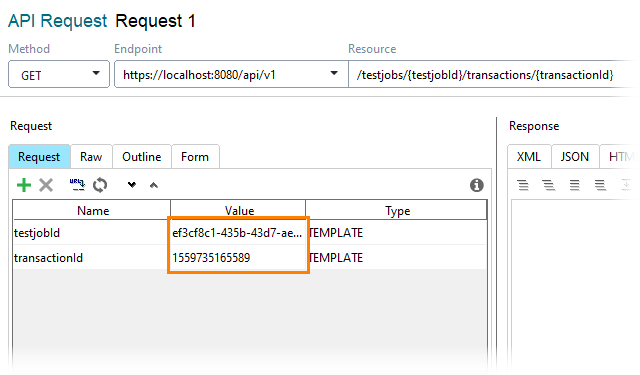 Get a transaction report: Enter test job id and transaction id