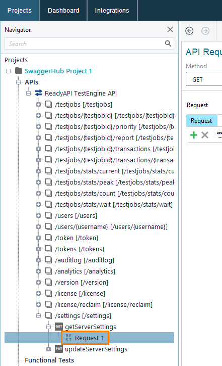 Configuring TestEngine: Selecting get settings request