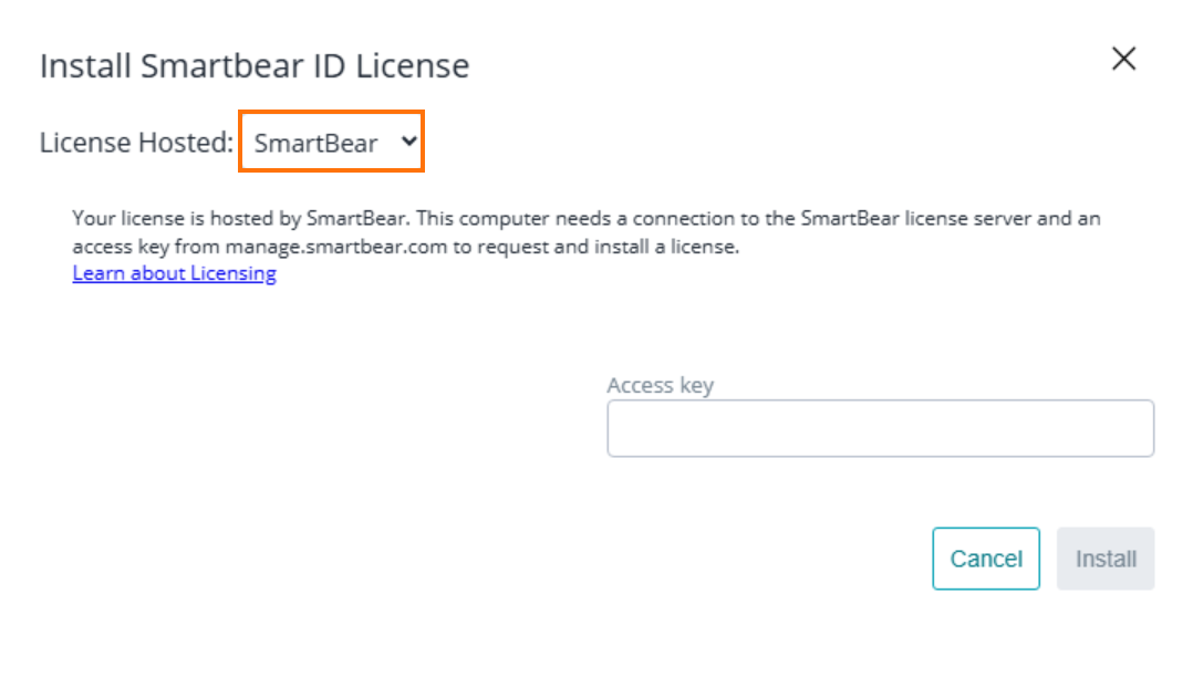 The Install SmartBear ID License dialog in the TestEngine WebUI showing the License Hosted: SmartBear option selected, with fields for the access key and buttons to cancel or install.