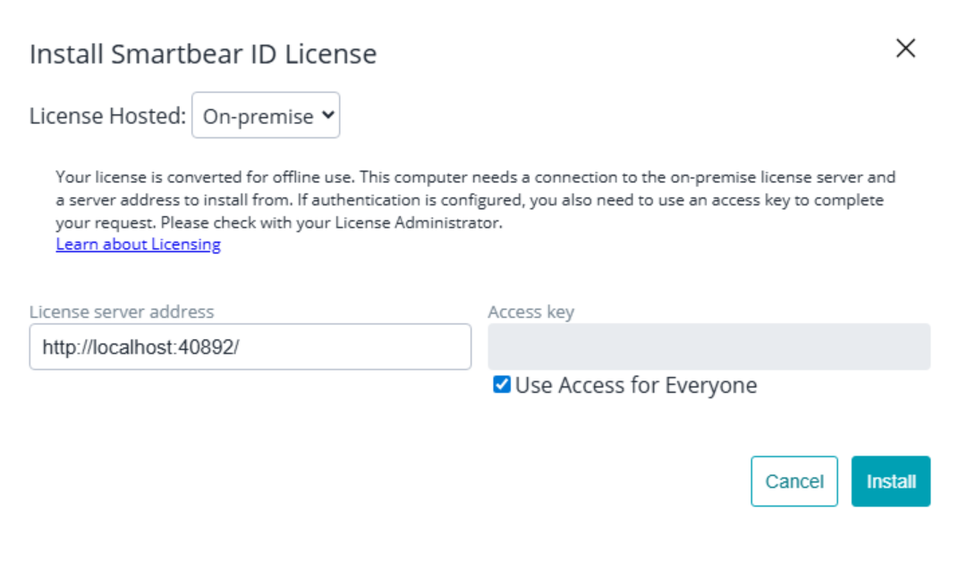 The Install SmartBear ID License dialog in the TestEngine WebUI showing the License Hosted: On-premise option selected, the Use Access for Everyone checkbox enabled, and the license server address entered.
