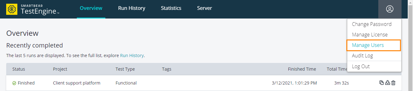 Administrating TestEngine: Openning manage users page