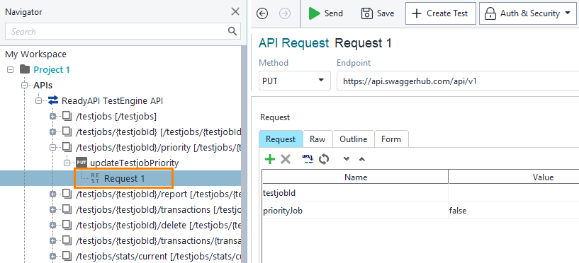 Delete a test job: Select a request Delete a test job: Select a request