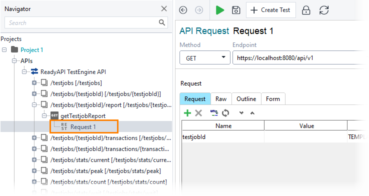 Check the status of a certain test job: Select a request