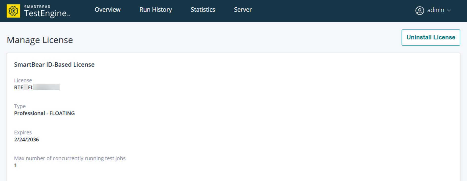 The Manage License page in the TestEngine WebUI showing details of an installed SmartBear ID-Based License, including license ID, type, expiration date, and the Uninstall License button.