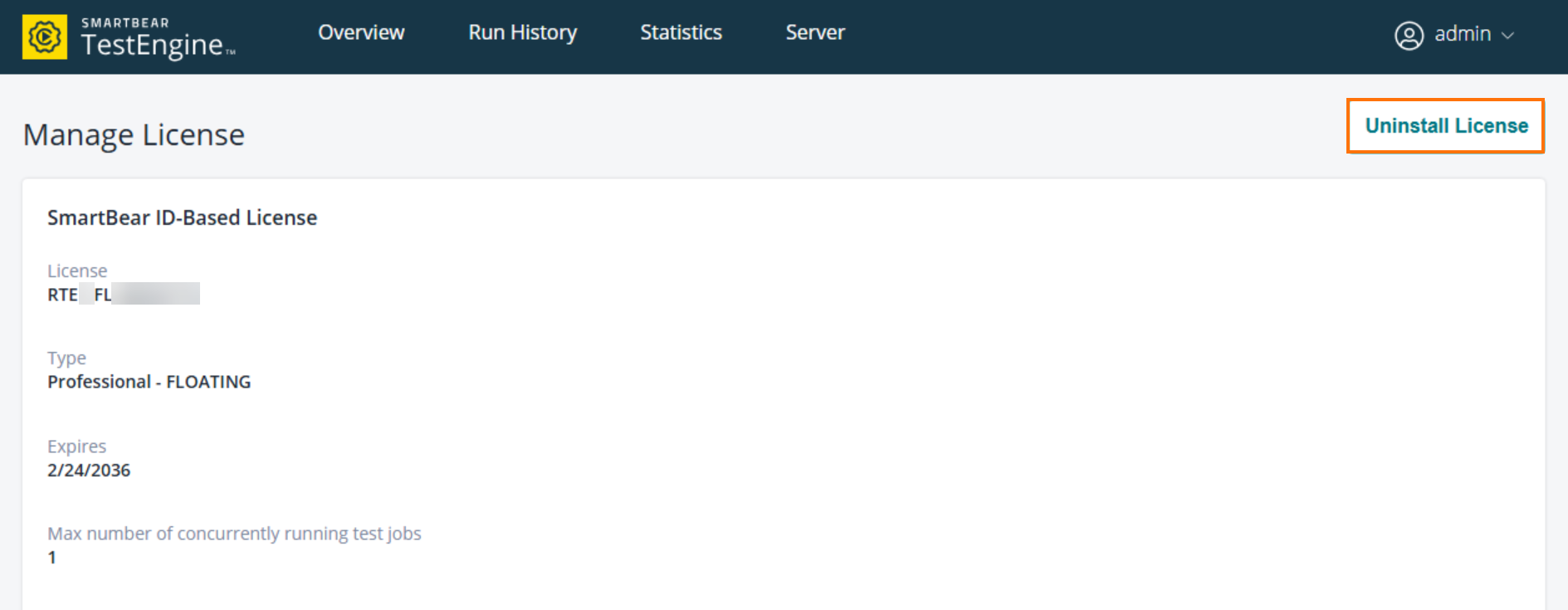 The Manage License page in the TestEngine WebUI showing details of an installed SmartBear ID-Based License with the Uninstall License button highlighted.