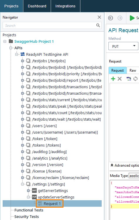 Configuring TestEngine: Selecting post settings request