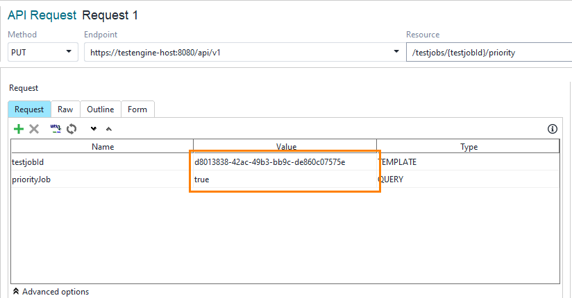 Update a test job priority: Enter the request’s properties Update a test job priority: Enter the request’s properties