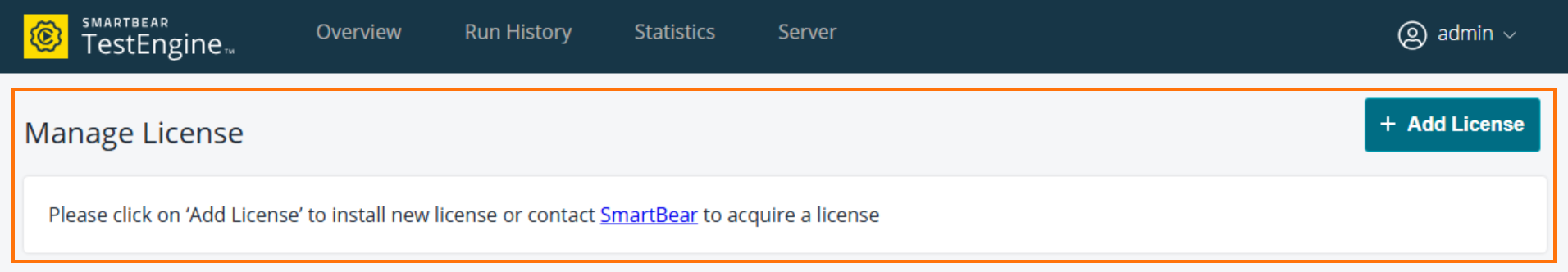 The Manage License page in the TestEngine WebUI, showing the Add License button and a message prompting the user to add a license or contact SmartBear.