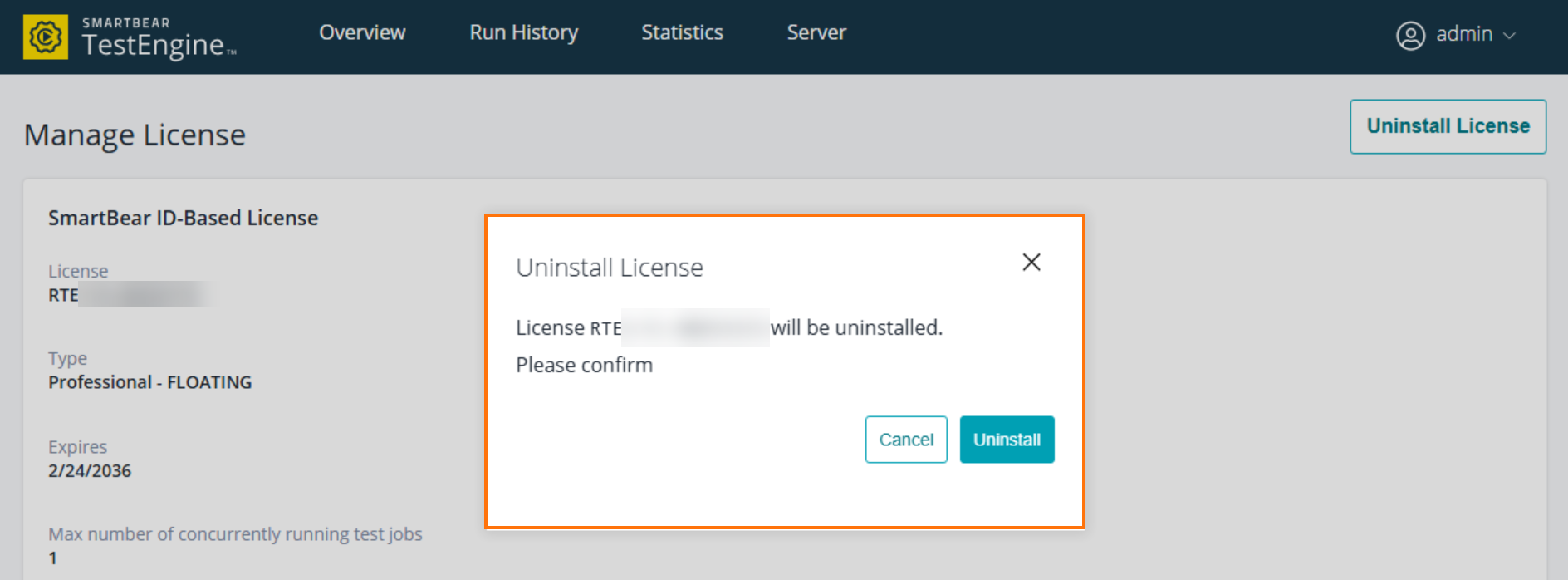 The Manage License page in the TestEngine WebUI showing the Uninstall License confirmation dialog with the message License RTEx-xx-xxxxxxx will be uninstalled. Please confirm and the Cancel and Uninstall buttons.