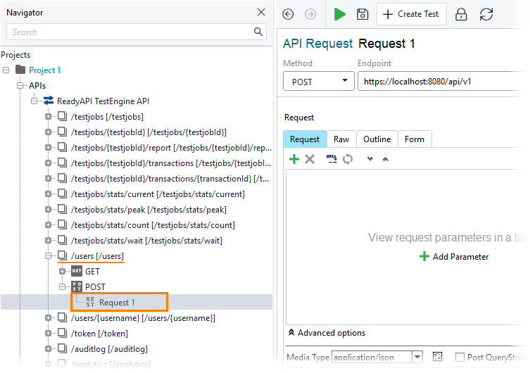Adding users to TestEngine: Selecting a request